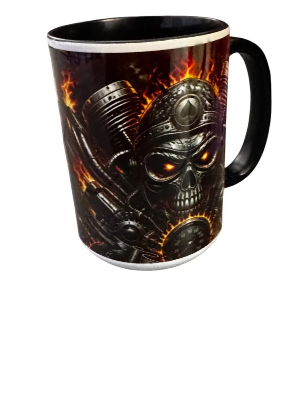 Flaming Skull Biker Ceramic Coffee Mug, 15 oz
